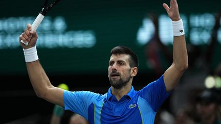 Novak Djokovic lors de la demi-finale du Masters 1000 de Paris-Bercy, le 4 novembre 2023. (DIMITAR DILKOFF / AFP)