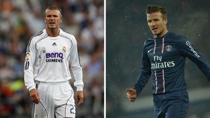 Le galactique : David Beckham. Milieu de terrain du Real Madrid entre 2003 et 2007, le Britannique côtoie Zidane, Ronaldo et Luis Figo. Une équipe de rêve qui ne gagnera que très peu de titres. Véritable coup médiatique et marketing des dirigeants parisiens, le mannequin termine sa carrière dans la capitale en 2013. (PIERRE-PHILIPPE MARCOU / AFP - MIGUEL MEDINA / AFP)