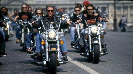 Johnny Hallyday au guidon d'une Harley Davidson, en mai 1990.&nbsp; (MAXPPP)