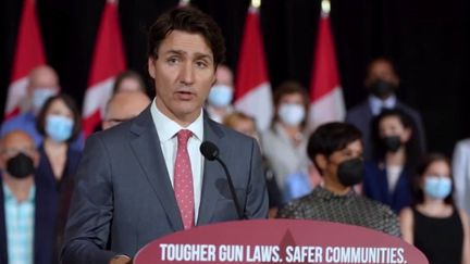 Justin Trudeau, le Premier ministre canadien, a annoncé un projet visant à geler la possession d’armes de poing, le 30 mai dernier. (franceinfo)