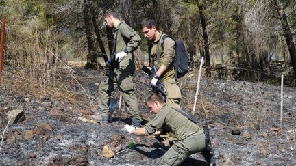 Des soldats israéliens en patrouille le 2 septembre 2019 le long de la frontière avec le Liban, à la recherche de débris des projectiles lancés la veille par le Hezbollah. (JACK GUEZ / AFP)