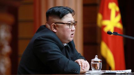 Kim Jong-un lors d'un comité du parti du travail de Corée, à Pyongyang, le 11 avril 2019. (KCNA VIA KNS)