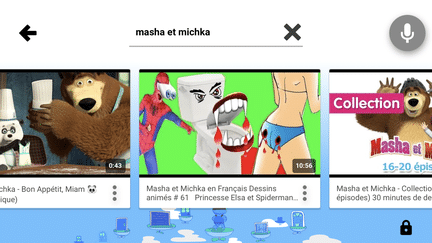 Capture d'écran, le 13 novembre 2017, des résultats de la recherche "Masha et Michka", un dessin animé populaire chez les jeunes enfants, dans l'application YouTube Kids. (YOUTUBE KIDS)