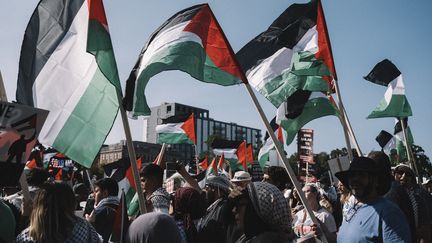 Des manifestants pro-palestiniens défilent dans la rue, près du United Center, où se déroule la convention nationale démocrate le 21 août 2024 à Chicago, dans l'Illinois. (JIM VONDRUSKA / GETTY IMAGES NORTH AMERICA)