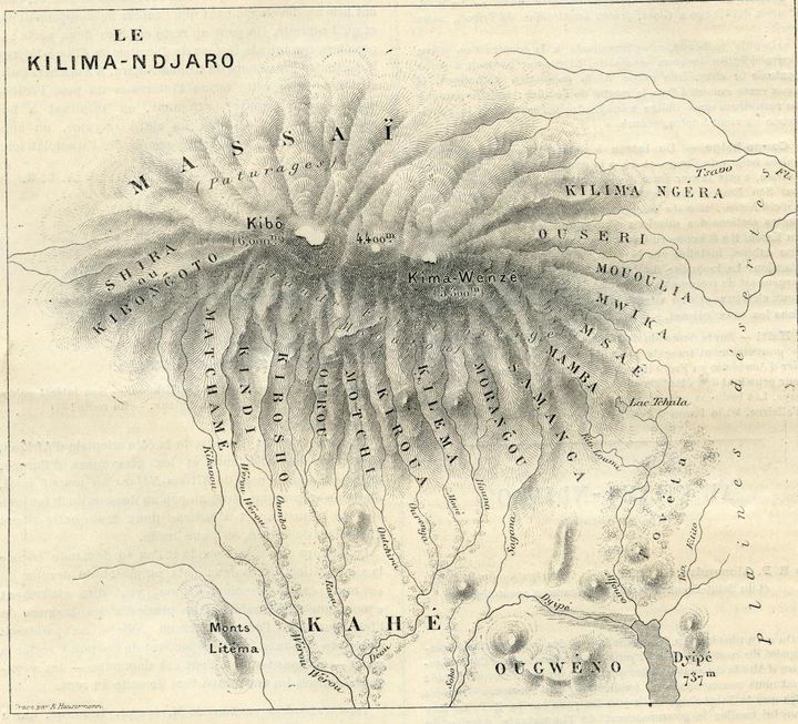 Carte du Kilimandjaro, d’après le dessin d’Alexandre Le Roy, Les Missions Catholiques, 1892&nbsp; (© O.P.M)