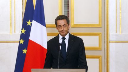 Nicolas Sarkozy, prononce un discours apr&egrave;s une rencontre avec les r&eacute;pr&eacute;sentants des communaut&eacute;s juives et musulmanes de France le 21 mars 2012 &agrave; Paris. (FRANCOIS MORI / AFP)