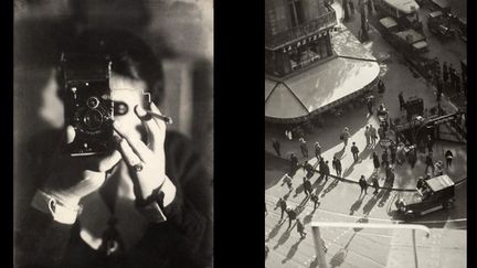 A gauche, Germaine Krull, Autoportrait avec Ikarette, 1925 - A droite, Marianne Breslauer, La Rotonde, 1930
 (A gauche, Photo Georges Meguerditchian - Centre Pompidou, MNAM-CCI © Estate Germaine Krull, Museum Folkwang, Essen - A droite, Photo Philippe Migeat - Centre Pompidou, MNAM-CCI © Marianne Breslauer / Fotostiftung Schweiz)