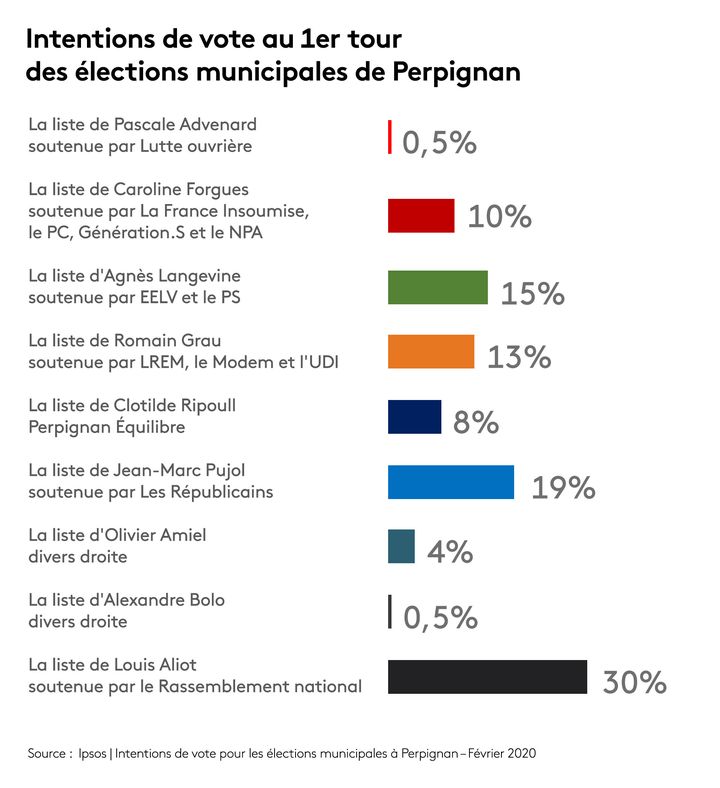 Intentions de vote au 1er tour des élections municipales de Perpignan (IPSOS POUR FRANCEINFO / STÉPHANIE BERLU)