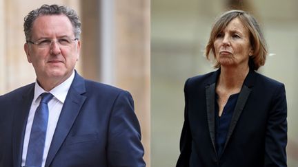 Richard Ferrand, le ministre de la Cohésions des territoires, le 18 mai 2017 lors du conseil des ministres à Paris, et Marielle de Sarnez, ministre des Affaires européennes, le 14 mai 2017 lors de la cérémonie d'investiture du président de la République à Paris. (MAXPPP)