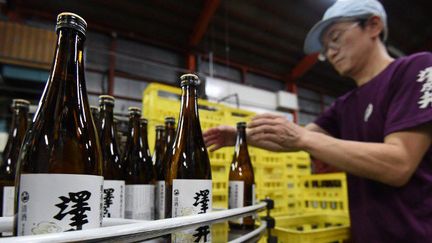 Dans la brasserie Ozawa Shuzo située à Ome, à l'ouest de Tokyo, des centaines de bouteilles s'apprêtent à être livrés aux quatre coins du Japon et du monde. (TORU YAMANAKA / AFP)