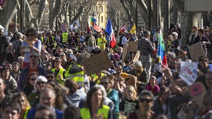 Des "gilets jaunes" mobilisés&nbsp;lors de&nbsp;la "Marche du siècle" pour le climat, samedi 16 mars. (IDRISS BIGOU-GILLES / HANS LUCAS)