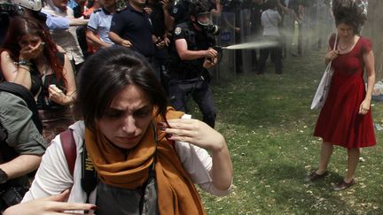 Un policier turc asperge de gaz lacrymog&egrave;ne des manifestants venus protester contre la suppression d'un espace vert dans le centre d'Istanbul (Turquie), le 28 mai 2013. (OSMAN ORSAL / REUTERS)