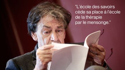 Le philosophe Alain Finkielkraut&nbsp;vise directement la ministre de l'Education&nbsp;Najat Vallaud-Belkacem, dans un entretien au "Figaro", &nbsp;le 11 mai 2015 : "sa fureur anti-&eacute;litiste d&eacute;loge, une fois pour toutes, la R&eacute;publique de l'&eacute;cole". (MAXPPP)