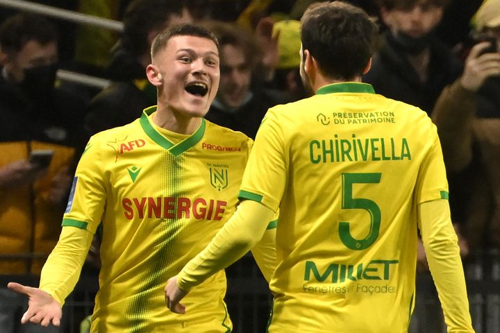 Quentin Merlin a inscrit le deuxième but nantais face au Paris Saint Germain à la Beaujoire, le 19 février 2022. (LOIC VENANCE / AFP)