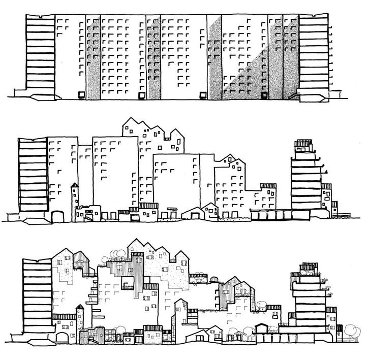 Enfin chez soi... Réhabilitation de préfabriqués, Berlin-Hellensdorf, Allemagne, 1994
 (Atelier Lucien Kroll © ADAGP, Paris, 2015)