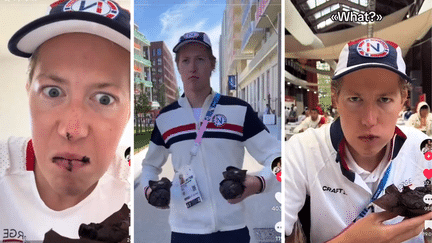 Henrik Christiansen, nageur norvégien, se filmant en train de déguster des muffins du village olympique. (Capture d'écran TikTok)