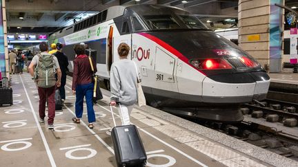 Des voyageurs à la gare Montparnasse, à Paris, le 22 juillet 2023. (STEPHANE MOUCHMOUCHE / HANS LUCAS / AFP)