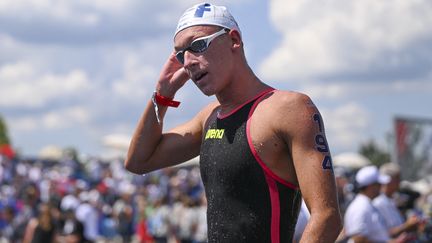 Marc-Antoine Olivier sur le relais mixte en eau libre durant les championnats du monde de Budapest (Hongrie), le 26 juin 2022. (KEMPINAIRE STEPHANE / KMSP)