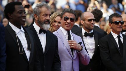 De gauche &agrave; droite : Wesley Snipes, Mel Gibson, Sylvester Stallone, Jason Statham et Antonio Banderas &agrave; Cannes, le 18 mai 2014. (VALERY HACHE / AFP)