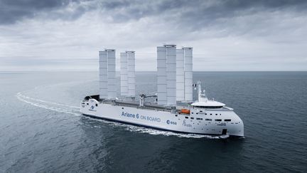 Le bateau Canopée, qui doit transporter des éléments de la fusée Ariane 6 entre l'Europe et la Guyane. (TOM VAN OOSSANEN)