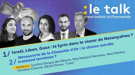 Dans le Talk de franceinfo sur Twitch, Ludovic Pauchant et ses invités abordent l'actualité au Moyen Orient suite aux déclarations de Benyamin Netanyahou puis c'est vers la Moselle que Ludovic et ses invités se tourneront pour parler de la chouette d'or qui a été retrouvée. (Stéphanie Berlu - Franceinfo)