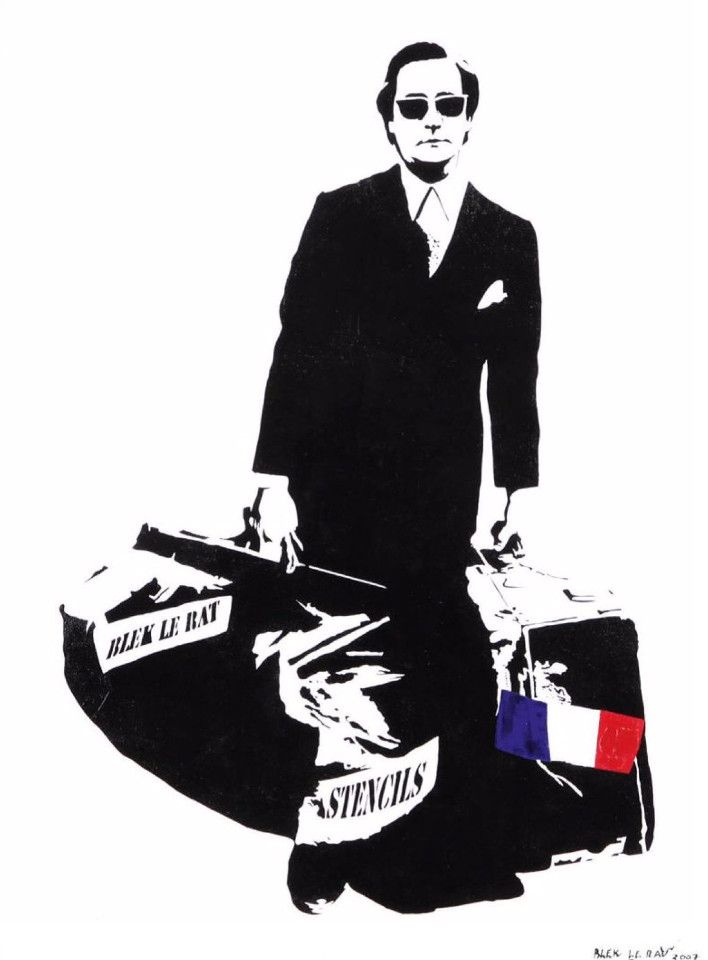 "Man Who Walks Through Walls" de Blek Le Rat. Peinture aérosol et acryloque sur toile, 2007. 77 x 56.5 cm.
 (Digard Auction)