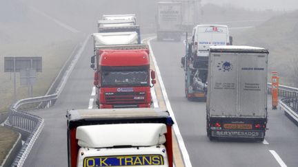 Des camions circulent près de&nbsp;Paray-le-Monial (Saone-et-Loire), le 3 février 2011. (THIERRY ZOCCOLAN / AFP)