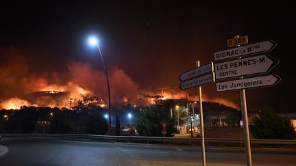 Un important incendie parcourt les collines des Pennes-Mirabeau, au nord de Marseille, dans la nuit du mercredi 10 au jeudi 11 août 2016. (BORIS HORVAT / AFP)