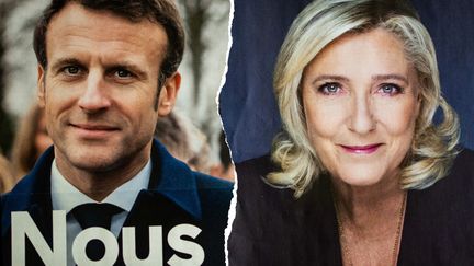 Les affiches de campagne d'Emmanuel Macron et de Marine Le Pen, à Paris, le 10 avril 2022 (XOSE BOUZAS / HANS LUCAS)