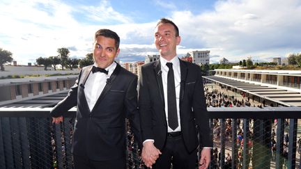 Vincent Autin (à droite) et Bruno Boileau (à gauche) se sont mariés, le 29 mai 2013, un mois après la promulgation du "mariage pour tous". (GERARD JULIEN / POOL / AFP)