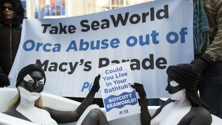 Des militantes de Peta grimées en orques manifestent contre la parade de Thanksgiving organisée par Macy's et comportant&nbsp;un char de Seaworld le 20 novembre 2014 à New York (Etats-Unis). (BRENDAN MCDERMID / REUTERS)