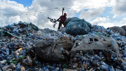 Un homme en train de trier des bouteilles en plastique sur la décharge de Kibarani à Mombasa, au Kenya,&nbsp;le 3 juin 2018&nbsp;(photo d'illustration) (ANDREW KASUKU / AFP)