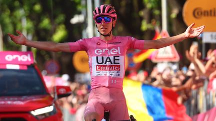 Tadej Pogacar célèbre sa victoire sur la 20e étape du Giro à Bassano del Grappa, le 25 mai 2024. (LUCA BETTINI / AFP)