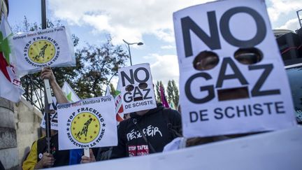 Manifestation contre le trait&eacute; de libre-&eacute;change transatlantique qui lib&eacute;raliserait l'exploitation de gaz de schiste, selon ses d&eacute;tracteurs, le 11 octobre 2014 &agrave; Paris.&nbsp; (MICHAEL BUNEL / AFP)