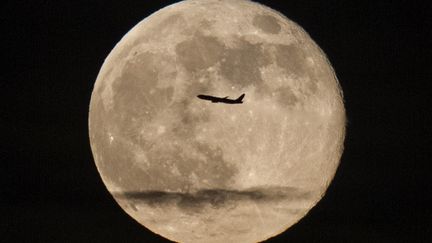 A New York (Etats-Unis), un avion passe devant la "super Lune" Chaque mois, la distance entre la Terre et la Lune varie entre 356 410 et 406 740 kilom&egrave;tres. (ZORAN MILICH / REUTERS)