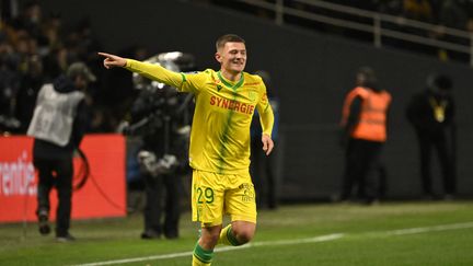 Quentin Merlin, heureux d'avoir marqué sous les couleurs du FC Nantes, le 19 février 2022. (LOIC VENANCE / AFP)