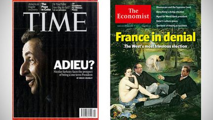 Pour l'hebdomadaire am&eacute;ricain "Time" du 2 avril 2012, Nicolas Sarkozy est en sursis. Et selon l'hebdo britannique "The Economist" du 31 mars 2012, la France est "dans le d&eacute;ni". (TIME / THE ECONOMIST)