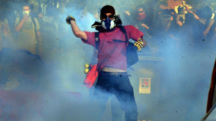 Un jeune homme manifeste au lendemain de la mort d'un opposant au barrage de Sivens, le 27 octobre 2014 &agrave; Albi&nbsp;(Tarn). (MAXPPP)