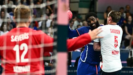 Le joueur de l'équipe de France de handball Dika Mem contre la Norvège lors des Jeux olympiques de Paris, le 29 juillet 2024 (ARIS MESSINIS / AFP)