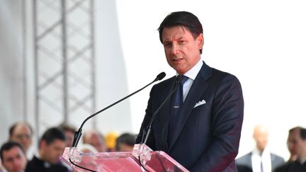 Giuseppe Conte, Premier ministre italien, à Gênes pour la commémoration de la première année après la catastrophe du pont Morandi, le 14 août 2019. (LUCA ZENNARO / ANSA)