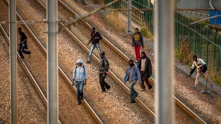 Des jeunes hommes p&eacute;n&egrave;trent sur le site d'Eurotunnel pour tenter de franchir la Manche, en direction de l'Angleterre, depuis Calais (Pas-de-Calais), le 12 ao&ucirc;t 2015.&nbsp; (PHILIPPE HUGUEN / AFP)