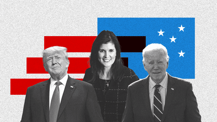 Donald Trump fait face à Nikki Haley pour les primaires républicaines en vue de la présidentielle. Chez les démocrates, Joe Biden est le grand favori. (HELOISE KROB / FRANCEINFO)