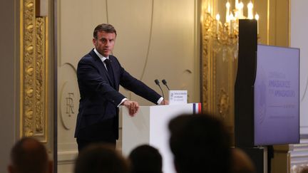 Le président de la République, Emmanuel Macron, en conférence de presse, à l'Elysée, le 28 août 2023. (TERESA SUAREZ / AFP)