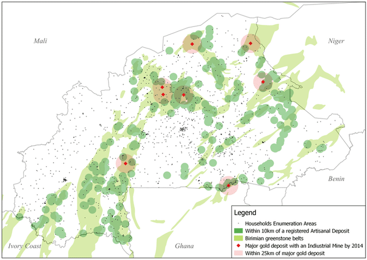 Figure 1 : Emplacement des mines industrielles, artisanales et des roches birimiennes au Burkina Faso. (Bazillier et Girard (2018))