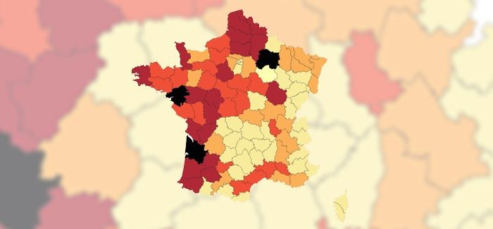 La carte des départements où les pesticides dangereux ont été le plus vendus entre 2008 et 2013.&nbsp; (FRANCETV INFO)