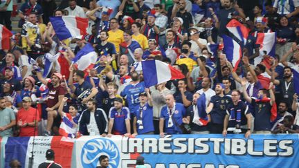 La joie des supporters français, le 22 novembre 2022&nbsp;au Qatar, au stade Al-Janoub, après le premier match de la France remporté 4-1 contre l'Australie.&nbsp; (MAXPPP)