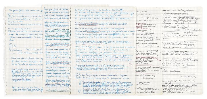 Manuscrits autographes pour la chanson "Le Vieux Léon". 17 pages, ou fragments de pages, sur 9 ff., papier quadrillé perforé. Ensemble de manuscrits de travail pour la chanson qui ouvre l’album "Le Pornographe", gravé en 1958. (BRASSENS (GEORGES))