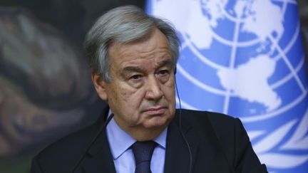 Le secrétaire général de l'ONU, Antonio Guterres, le 12 mai 2021 à Moscou (Russie). (RUSSIAN FOREIGN MINISTRY PRESS O /AFP)