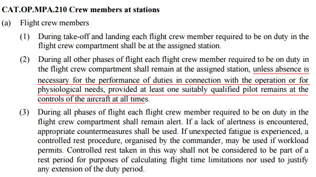 Capture d'&eacute;cran de la r&egrave;glementation de l'Agence europ&eacute;enne de s&eacute;curit&eacute; a&eacute;rienne concernant l'absence des pilotes du cockpit. (EASA)