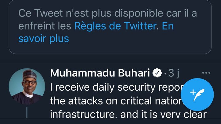 Capture d'écran du compte Twitter&nbsp;du président nigérian Muhammadu Bukari, effectuée le 4 juin 2021, où l'on voit la trace du tweet supprimé par le réseau social.&nbsp; (CAPTURE D'ECRAN)